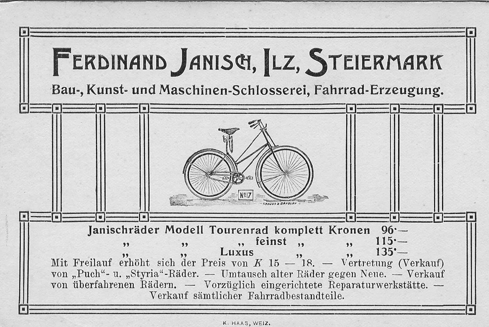 Historische Werbekarte von Ferdinand Janisch in Ilz mit Fahrradzeichnung und Preisliste in Kronen