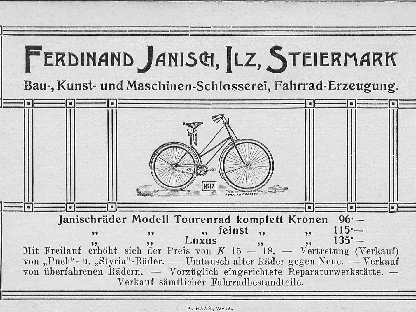 Historische Werbekarte von Ferdinand Janisch in Ilz mit Fahrradzeichnung und Preisliste in Kronen