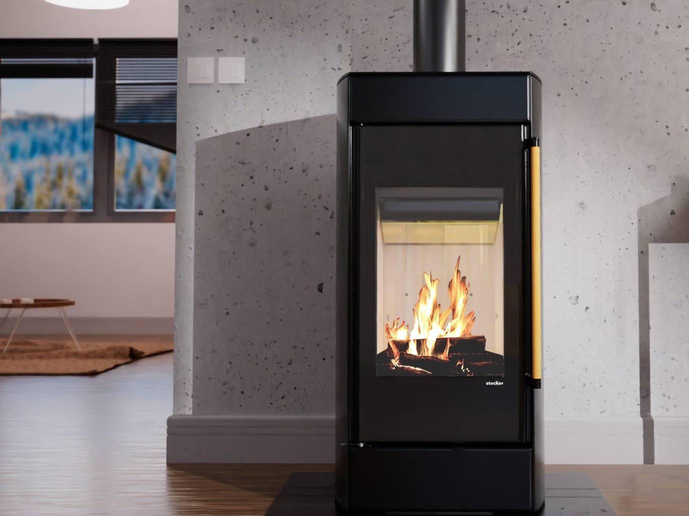 Wasserführender Kaminofen Seespitz von Stocker mit Holzfeuer in einem Wohnraum, Herstellerbild
